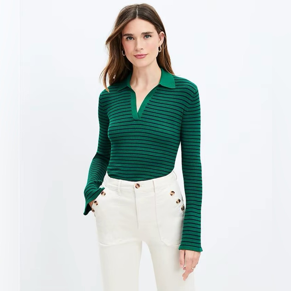 LOFT Green and Navy Striped Blouse Size Medium